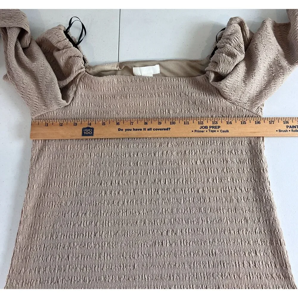 H&M Women's Tan Beige Long Sleeve Crinkle Off Shoulder Blouse Top Size M